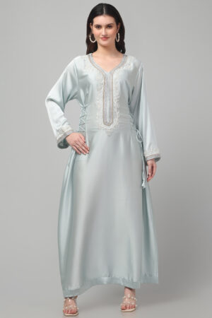 Luxury Heavy Satin Abaya with Pearl Embroidery & Adjustable Loopy Belts
