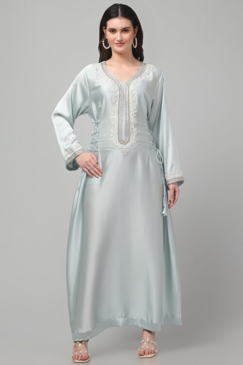 Luxury Heavy Satin Abaya with Pearl Embroidery & Adjustable Loopy Belts