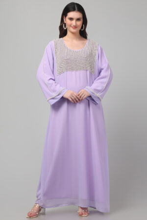 Luxury Handcrafted Georgette Abaya with Silver Chain & Pearl Work