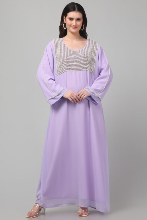 Luxury Handcrafted Georgette Abaya with Silver Chain & Pearl Work
