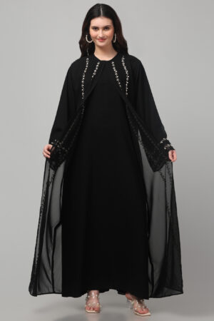 Hand-Embroidered Two-Piece Georgette Abaya with Pearl & Silver Detailing