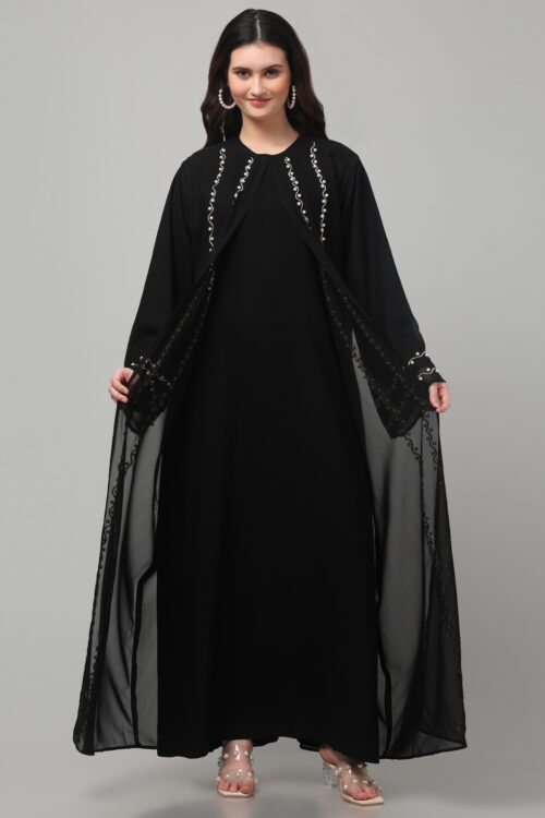 Hand-Embroidered Two-Piece Georgette Abaya with Pearl & Silver Detailing