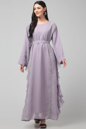 Elegant Georgette Abaya with Cut Daana(Beads), Pearls & Side Frill Detailing