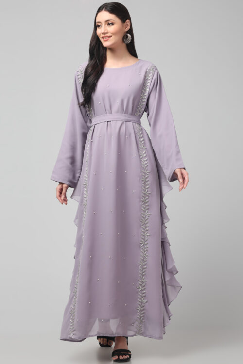 Elegant Georgette Abaya with Cut Daana(Beads), Pearls & Side Frill Detailing