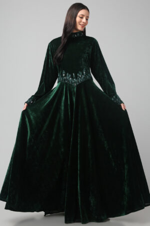 Designer Velvet Women’s Dress with Bead & Crystal Stone Embellishments and Adjustable Belt