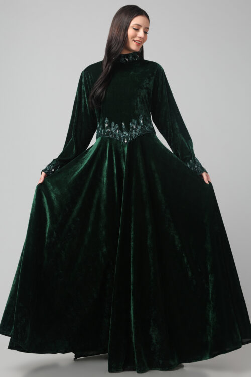 Designer Velvet Women’s Dress with Bead & Crystal Stone Embellishments and Adjustable Belt