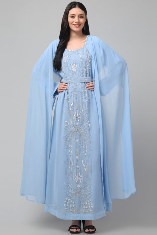 Elegant Modest Long Dress with Hand Embroidery, Sequins & Pearl Detailing