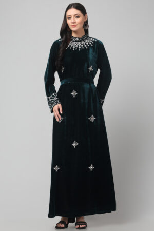 Designer Velvet Dress with Crystal & Silver Bead Detailing