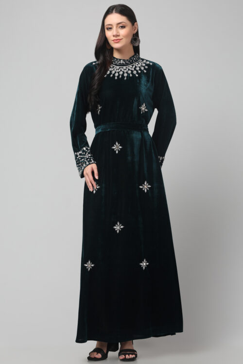 Designer Velvet Dress with Crystal & Silver Bead Detailing